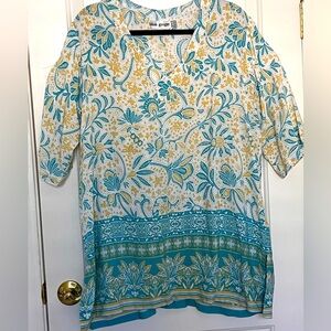 Blue Ginger turquoise & yellow on white print v neck long blouse size L